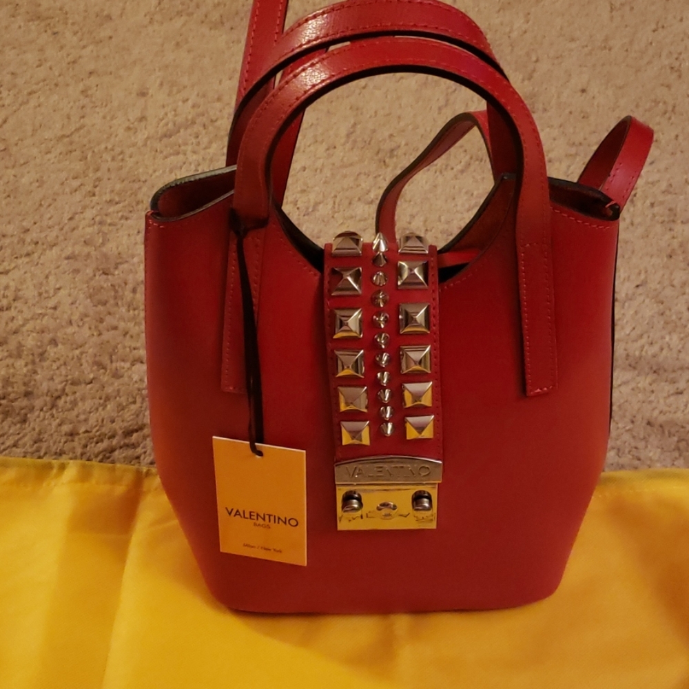 Valentino red studded backpack clutch bag